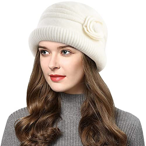 Wantonfy Damen Strickmütze Warme Wintermütze mit Roll Up Kante Mütze mit Seitlicher Blume Atmungsaktivem Beanie Winter