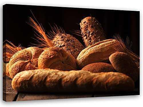 Feeby Vlies Leinwandbild Brot Bäckerei Gebäck 30x20 cm Wand Bild Kunstdruck Deko Wohnzimmer Wohnungs Deko Essen Saat Müsli Braun