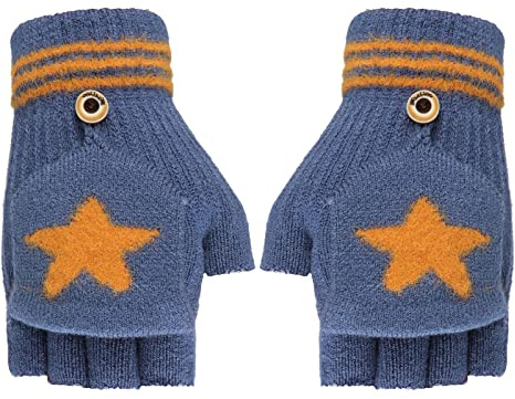 FakeFace Fäustlinge mit Knopf Klappe Fingerlose Halb Handschuhe für Kinder Winter Warm Strickhandschuhe Fingerhandschuh Winterhandschuhe 4-10 Jahre alt Jungen Mädchen (Blau-Star)