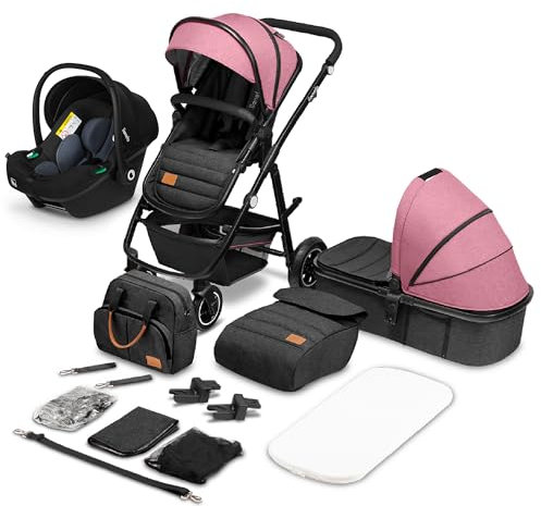 LIONELO Amber Passeggino Trio 0-22 kg Passeggino set 3-in-1: Passeggino + Navicella + Ovetto per neonato e bambini 0 fino a 48 mesi o 22 kg Regolabile e pieghevole, Ruote grandi, Cappotina XXL