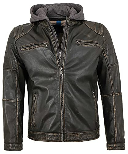 Herren Lederjacke Lammnappa Bikerjacke Kapuze schwarz-beige