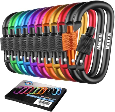 10 Pack Aluminum D Ring Key Rings Clips Locking Carabiner for Camping Fishing and Outdoor Use，Clips with Screw Gate Multicolored (Multicolored)