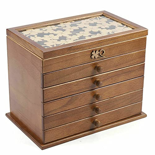 Futchoy Schmuckschatulle 6 Ebenen mit Blumenschnitzerei für Halsketten Ohrringe Armbänder Ringe Schmuckkoffer Schmuckkiste Holz Braun