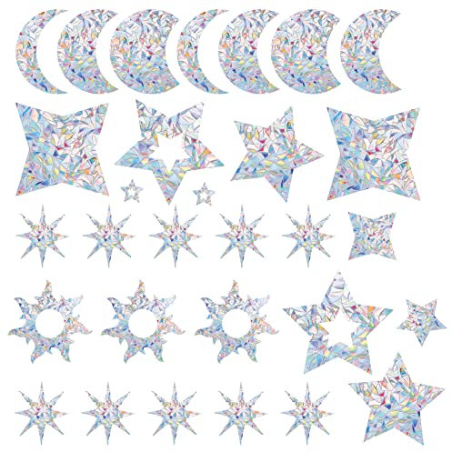 GORGECRAFT 30St Moon Star Fensteraufkleber Anti-Kollisions-Regenbogen-Fensterglas-Alert-Prisma-Aufkleber Für Birds Strike Nicht Klebende Vinylfolie Heimdekoration Schiebetüren Fenster Sonnenfänger