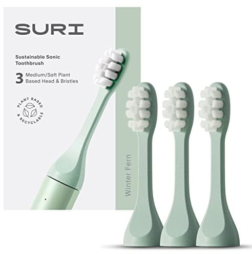SURI Recyclable Plant-Based, Electric Toothbrush Heads - Built-in Tongue Scraper, Long Lasting Replacement Heads | Compatible Only with SURI Sonic Electric Toothbrush - Winter Fern, Pack of 3