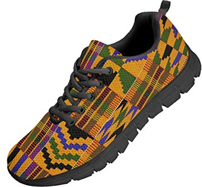 Kuiaobaty Herren-Sportschuhe, Tennisschuhe, Tierstruktur, ethnisches Tribal-Muster, lässige Netz-Sneaker, rutschfest, bequeme Arbeitsschuhe, Tribal Muster gelb, 42 EU