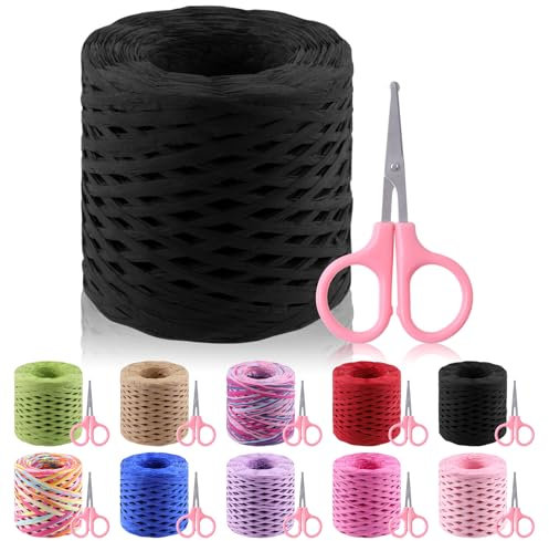 Glarks Cinta de Rafia de 200 m Con Juego de Tijeras - Negra y Natural, Cuerda para Envolver Regalos, Embalaje de Papel Kraft, Suministros de Manualidades