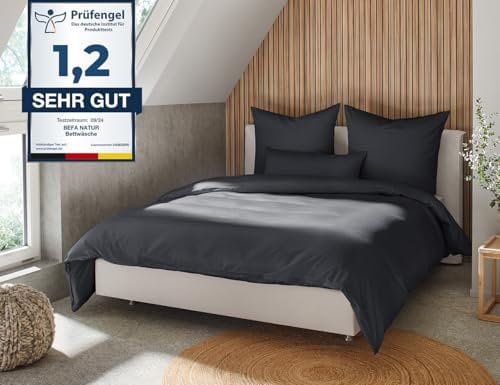 BEFA NATUR Made in Germany Bettwäsche Set, Bettbezug 200x200 cm und 2 Kissenbezüge 80x80 cm aus Baumwolle-Satin, Allergiker geeignet, Öko-Text 100 Klasse 1 Zertifiziert - Schwarz