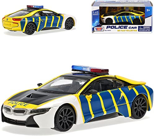 Motormax B-M-W I8 Coupe Blau Gelb Police Polizei 2013-2020 1/43 Modell Auto mit individiuellem Wunschkennzeichen