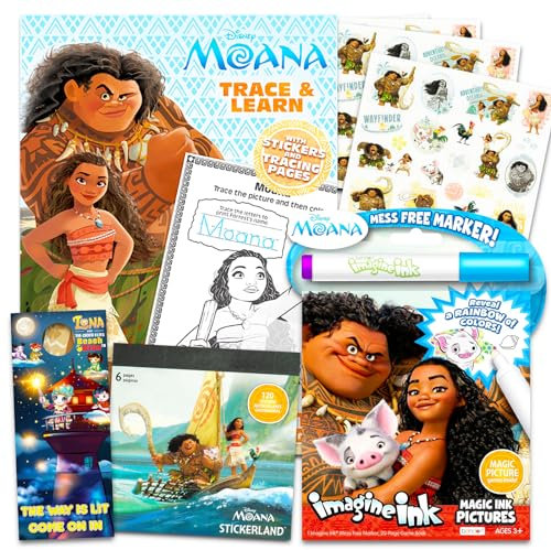 Moana Mal- und Aktivitätsbücher für Mädchen im Alter von 4–8 Jahren – Bündel mit Moana Imagine Ink Malbuch, Mal- und Nachverfolgungsbuch, Aufkleber, mehr | Moana Malbuch No Mess
