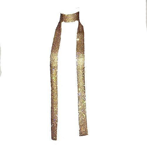 Yurosiay Damen Metall Pailletten Schal Lang Funkeln Pailletten Halstuch Mit Strass Mode Sexy Club Party Glitzer Pailletten Hals Krawatte Dünn Schal Halskette Glitzer Schal Pailletten Gold