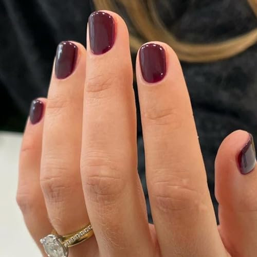 DMQ Short False Nails with Glue, 24Pcs Wine Red Fake Nails, Square Press on Nails, Elegant Nail Tips, Full Cover Stick on Nail for Women Girls Nail Art (Dark Red Short)