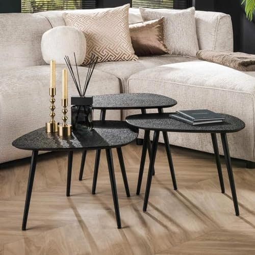 RINGO-Living Sofa Couchtisch aus Holz Industrial Style 3er Set Beistelltische Industrie, runder Couch Tisch Schwarz, moderner Echtholz Massivholz Wohnzimmertisch Set, modern Satztisch Vintage