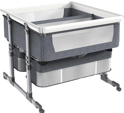 HUHJYUGE Babybett Neben Dem Bett, Babybett für Zwillinge, Beistellbett Baby mit Rollen, Tragbares Babybett mit Matratze und Aufbewahrungskorb, 6-Fach Höhenverstellung (B)