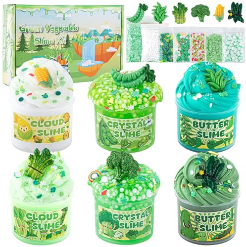 LAWOHO 6 Stück Farbverlauf Grünem Slime Set enthält Fluffy Cloud Wolkenschleim, Clear Slime & Butter Schleim, Schleim Kinder Party Geschenk, Geburtstag Weihnachten Geschenk für Mädchen, Jungen(Gemüse)