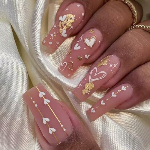 24pc Long Coffin False Nails with Heart Star Design, Gold Foil & Pink Matte Finish, Press On, Glue On Stick On Removable Ballet Nail Art Accessories for Women & Girls