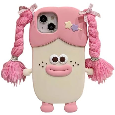 QoKcoahn Case for iPhone 15,Cute 3D Kawaii Phone Cases Funny Braided Sausage Mouth Girl Pink Cartoon Cover with Keychain Soft Silicone Gel Drop Protection Case Women Girls for iPhone 15