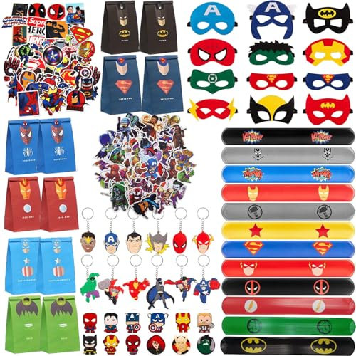 YISKY Set di Regali per Feste Supereroi, 160 Pezzi Supereroi Feste Bomboniere, 12 Braccialetti a Scatto, 12 Portachiavi, 100 Adesivi, 12 Supereroe Sacchetti di bomboniere, Gadget Compleanno Bambini