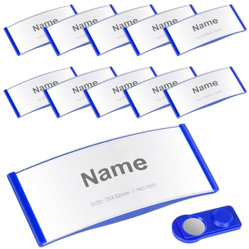 OFFCUP Placas de Identificación, 10pcs 75x32mm Identificadores Personales Magnéticos, Placas para Identificar Nombre con Imán de 2 Puntos para Uniforme Camisas Oficinas Escuelas Reuniones (Azul)