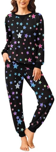Ekouaer Damen Schlafanzug Lang Zweiteiliger Star Schlafanzug Winter Pyjama Set Rundhals Langarm Loungewear Winter Schwarz XXL