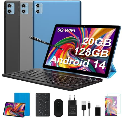 SUAAT 2024 Newest Tablet 10 Pulgadas 20GB RAM+128GB ROM (1TB TF), Android 14 Octa-Core, WiFi 6, Bluetooth 5.0, 6000mAh, GMS Certified, 8MP+5MP, Tablet PC con Funda, Teclado y Ratón