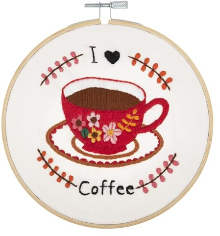 Trimits Embroidery Kits - 15cm 6 Embroidery Beginners Kit, Cross Stitch Kits for Adults, Starter Set with Bamboo Hoop, Fabric, Threads, Needle & Backing - I Love Coffee