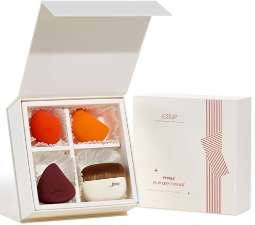 Jessup Pinceaux Fond de Teint avec Éponge Maquillage, 1pc Pinceau Teint Kabuki à Tête Plate et 3pcs Éponge Blender pour Anti-cernes,Mélange,Poudre,Blush,Pointillage avec Coffret Cadeau, T505