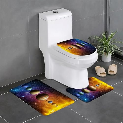 EYLOZS Badezimmerteppich Set 3 Teilig Waschbar rutschfeste Badematte Toilettenmatte Weich Saugfähige Badteppiche,Venus Neptun Orbit Nebel Wissenschaft Sonnensystem Mond Planet Sonne Konzept Merkur Ko