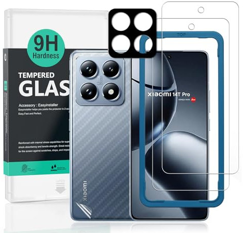 Ibywind 2 Piezas Protector Pantalla para Xiaomi 14T Pro 5G 6,67+1 Pieza Protector Cámara+1 Pieza Protector Trasera Fibra Carbono,Dureza 9H Cristal Templado,Fácil de instalar