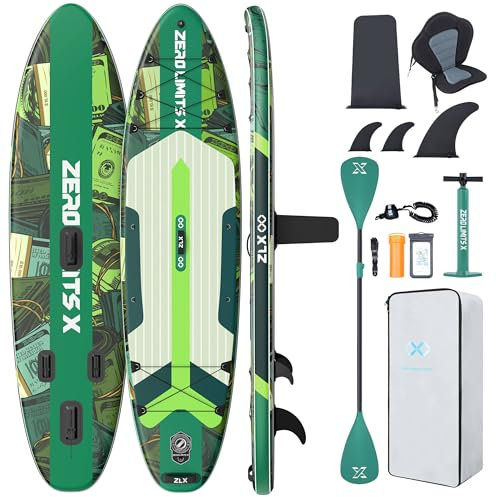 ZLX Tavola da SUP Gonfiabile con sedile per tutti i livelli di abilità, 320cm sup tavola gonfiabile con pinna di equilibrio brevettata, con Grande Stabilità (Verde scuro con seduta)