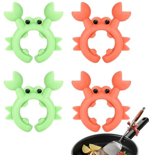 EXEXIUO 4Pcs Crab Spoon Holder for Pot Anti-Scalding Silicone Crab Spatula Holder Cute Cooking Utensil Rest Adjustable Over Spill Stopper, Kitchen Creative Gadget, Greem Red