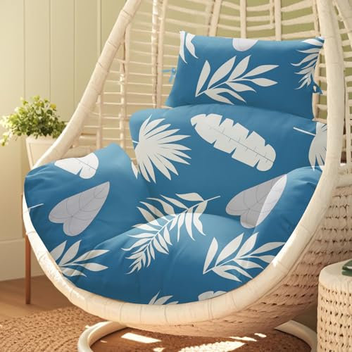 joomie Wasserdichtes Ersatzkissen für Eierstuhl, 119 x 79 x 13 cm, dickes Hängeschaukelkissen, für drinnen und draußen, Rattan-Hängematte, Korbkissen mit Kopfstützenkissen, blaues Blatt