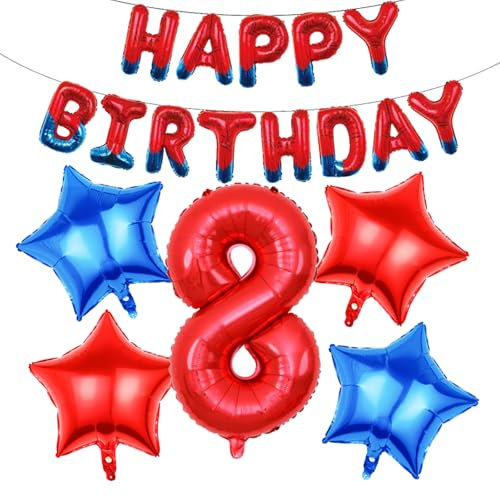 KOBOKO Spidey Geburtstagsdeko 8 Jahre Junge Mädchen, Spider Happy Birthday Deko Ballons Geburtstag, Folienballon Zahl 8 Geburtstags, Spinnen Luftballon 8. Geburtstag Junge, Ballon Deko 8 Jahre