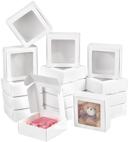 BENECREAT 48 pz Scatola di Carta Bianca Quadrata, Scatole Regalo con Finestra Trasparente per Matrimoni, Compleanni, Natale, Gioielli, 9.5x9.5x3.5cm | 9,5 x 9,5 x 3,5 cm, quadrate, scatole di carta, portagioie per regali di nozze, feste, confezioni regalo di Natale