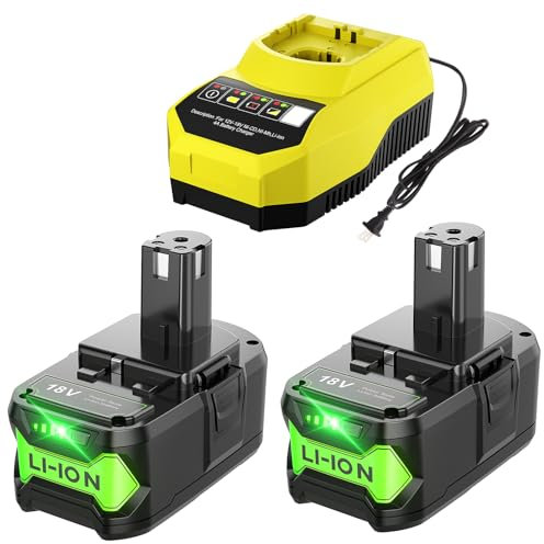 2Pack 5000mAh Replacement Battery and Charger 18V for Ryobi One+ Battery with LED Indicator Compatible with P108 RB18L40X P107 RB18L25 P104 P105 P106 RB18L50 RB18L40 RB18L50 RB18L25