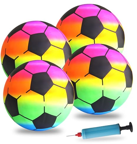 YIMETOP 4 Stück Regenbogen Ball Kinder, PVC Fussball Kinder und Erwachsene, Aufblasbaren Bälle mit Pumpe, 21cm Kinderball Regenbogenball Wasserball, Fußball für Innen und Außen Spielball Kinders