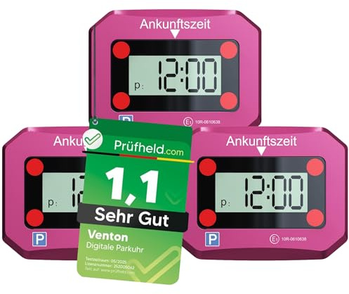 VENTON [Test SEHR GUT, Note 1.1] 3 Stück V2 Elektronische Digitale Parkscheibe pink mit Zulassung, Automatische elektrische Parkuhr, Auto Zubehör Innenraum, Auto Gadgets, Autozubehör elektronisch