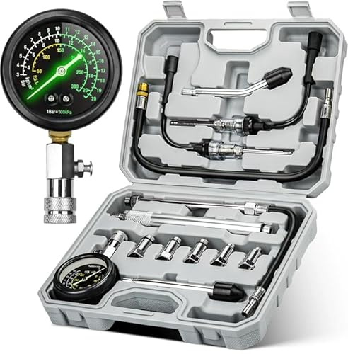 AUTOWN Professional Compression Tester Kit with Fluorescent Gauge – 300 PSI Triple-Scale, 2 Spark Plug Testers, 13-Piece Set for Car, Truck, ATV & Small Gas Engines