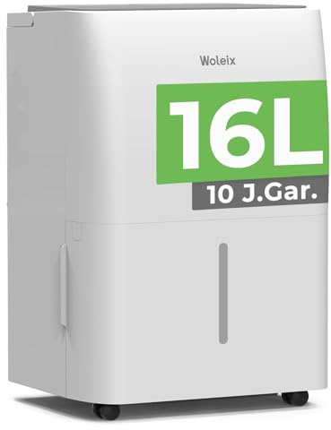 Woleix Luftentfeuchter elektrisch 16L, Entfeuchter elektrisch für Keller, Raumentfeuchter elektrisch 39dB für Räume bis zu 140m³/40m², mit Timer, Filter und 1M Ablaufschlauch, 10 J. Gar.
