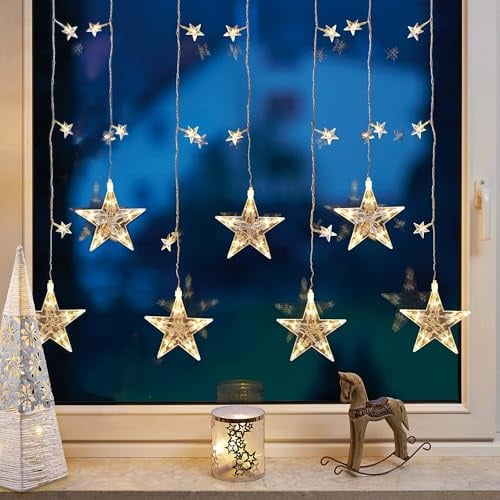 hellum LED Lichtervorhang innen mit Stecker, 42 Sterne warmweiß | Lichterkette Fenster innen beleuchtet 1 x 1,20m, 7 Stränge, Lichterkette Stern, Weihnachtsbeleuchtung Fenster <59lm 579413