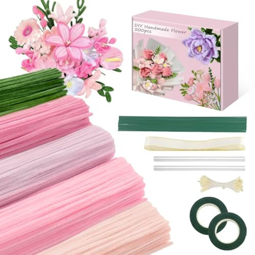 AKINSTER 500 stycken piprensare för pyssel piprensare blomset piprensare rosa med blommor dammblad band tejp presentförpackning för pyssel och gör-det-själv (rosa)