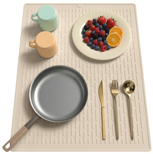 Alfombrilla escurridora para platos de 40 x 50 cm con ranuras integradas, alfombrilla de secado plana de silicona, resistente al calor y fácil de limpiar, encimera/fregadero multifuncional (Beige)
