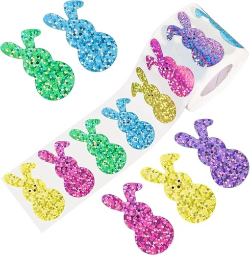 1 Rolle Osterhasen Aufkleber mit Glitzer Bunte Sticker in Hasenform für Kinder und Erwachsene, ideal für Ostereier, Geschenktüten, Körbe und Bücher
