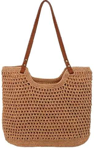Joyhere Sommer Strandtasche Damen Häkeltasche Strohtasche, Vintage Umhängetasche Stricktasche Mit Ledergriffe Und Reißverschluss, Boho Gestrickte Schultertasche Für Reisen