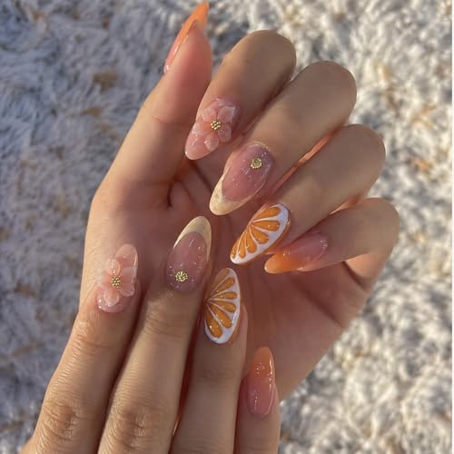 Tastetreasure 30 Pcs Press on Nails Almond False Nails with 3D Flowers & Shells, Orange Ocean Theme Stick on Nails, Cute Acrylic Fake Nails Kit with Adhesive Tabs File & Stick