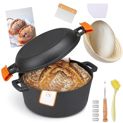 Pentola in Ghisa 26 cm, 4.7L con Cestino per Lievitazione e Spatola | Pentola per Pane con Coperchio, Induzione e Forno, Multiuso per Cuocere, Arrostire, Brasare