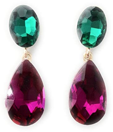 Pendientes largos mujer bisutería cristales de colores fiesta boda chapado plata, verde fucsia