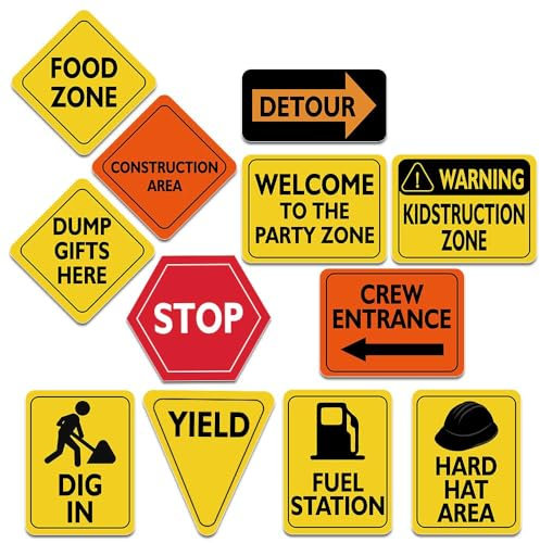 WERNNSAI Construction Zone Party Decorations - 12 PCS Size 20cm Traffic Sign Cutouts for Boys Kids Birthday Party Construction Theme Party Supplies