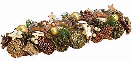 meindekoartikel Adventsgesteck Weihnachtsgesteck aus Holz und Kunststoff mit 4 Windlichter aus Glas für Teelichter (braun-Gold) B45 x H9 x T17cm