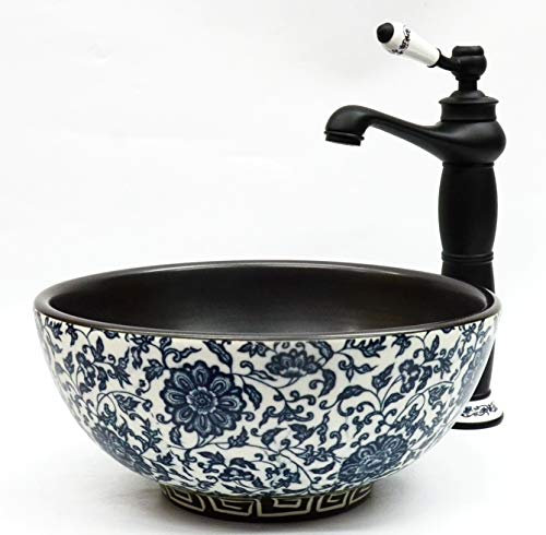 Vintage Kasbah Floral Patterned Black Vintage Bathroom Cloakroom Round Ceramic Counter Top Basin Sink Washing Bowl Craft Handmade Large Small 40 cm, 35 cm, 30 cm (Small)